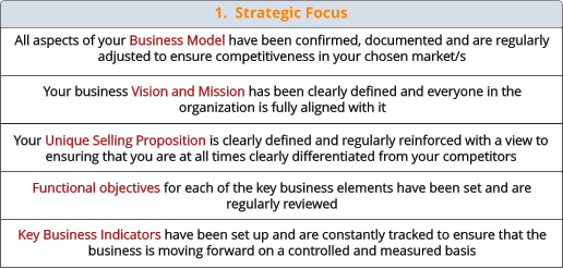 Your Unique Selling Proposition is clearly defined and regularly reinforced with a view to ensuring that you are at all times clearly differentiated from your competitors Your business Vision and Mission has been clearly defined and everyone in the organization is fully aligned with it All aspects of your Business Model have been confirmed, documented and are regularly adjusted to ensure competitiveness in your chosen market/s Functional objectives for each of the key business elements have been set and are regularly reviewed Key Business Indicators have been set up and are constantly tracked to ensure that the business is moving forward on a controlled and measured basis 1.  Strategic Focus