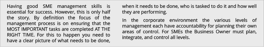 Having good SME management skills is essential for success. However, this is only half the story. By definition the focus of the management process is on ensuring that the MOST IMPORTANT tasks are completed AT THE RIGHT TIME. For this to happen you need to have a clear picture of what needs to be done, when it needs to be done, who is tasked to do it and how well they are performing. In the corporate environment the various levels of management each have accountability for planning their own areas of control. For SMEs the Business Owner must plan, integrate, and control all levels.