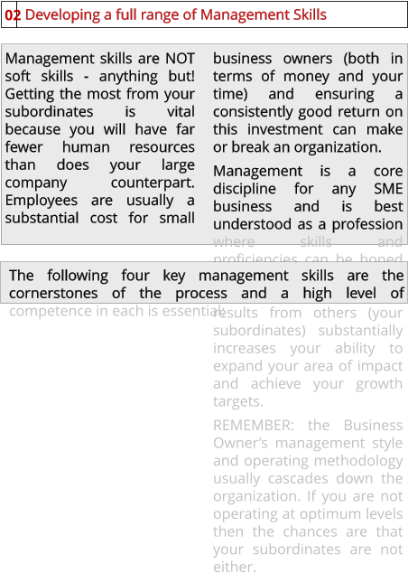 business owners (both in terms of money and your time) and ensuring a consistently good return on this investment can make or break an organization. Management is a core discipline for any SME business and is best understood as a profession where skills and proficiencies can be honed and improved on an ongoing basis. Getting good results from others (your subordinates) substantially increases your ability to expand your area of impact and achieve your growth targets. REMEMBER: the Business Owner’s management style and operating methodology usually cascades down the organization. If you are not operating at optimum levels then the chances are that your subordinates are not either. Developing a full range of Management Skills 02 Management skills are NOT soft skills - anything but! Getting the most from your subordinates is vital because you will have far fewer human resources than does your large company counterpart. Employees are usually a substantial cost for small The following four key management skills are the cornerstones of the process and a high level of competence in each is essential: