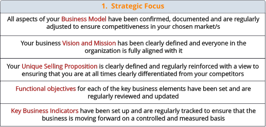 Your Unique Selling Proposition is clearly defined and regularly reinforced with a view to ensuring that you are at all times clearly differentiated from your competitors Your business Vision and Mission has been clearly defined and everyone in the organization is fully aligned with it All aspects of your Business Model have been confirmed, documented and are regularly adjusted to ensure competitiveness in your chosen market/s Functional objectives for each of the key business elements have been set and are regularly reviewed and updated Key Business Indicators have been set up and are regularly tracked to ensure that the business is moving forward on a controlled and measured basis 1.  Strategic Focus