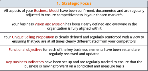 Your Unique Selling Proposition is clearly defined and regularly reinforced with a view to ensuring that you are at all times clearly differentiated from your competitors Your business Vision and Mission has been clearly defined and everyone in the organization is fully aligned with it All aspects of your Business Model have been confirmed, documented and are regularly adjusted to ensure competitiveness in your chosen market/s Functional objectives for each of the key business elements have been set and are regularly reviewed and updated Key Business Indicators have been set up and are regularly tracked to ensure that the business is moving forward on a controlled and measure basis 1.  Strategic Focus