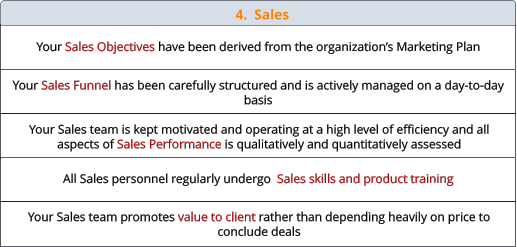 4.  Sales  Your Sales Objectives have been derived from the organization’s Marketing Plan All Sales personnel regularly undergo  Sales skills and product training Your Sales Funnel has been carefully structured and is actively managed on a day-to-day basis Your Sales team is kept motivated and operating at a high level of efficiency and all aspects of Sales Performance is qualitatively and quantitatively assessed Your Sales team promotes value to client rather than depending heavily on price to conclude deals